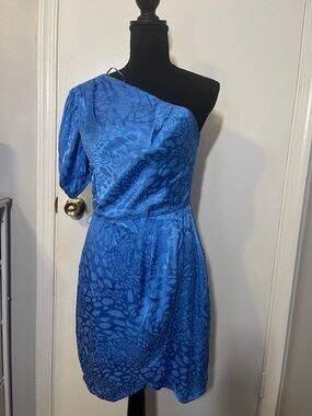Adelyn Rae One-Shoulder Blue Printed Satin Dress